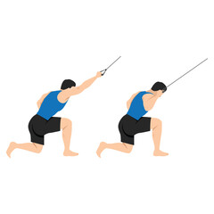 Fototapeta na wymiar Man doing half kneeling lat pulldown exercise. One arm lat pull down. Flat vector illustration isolated on white background
