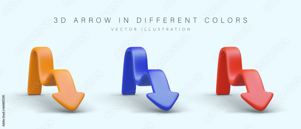 Aufkleber set of 3d flexible arrows of different colors with shadows. curved pointers in cartoon style. icons 
