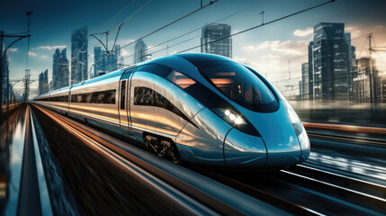 High-speed train travels at high speed at city.
