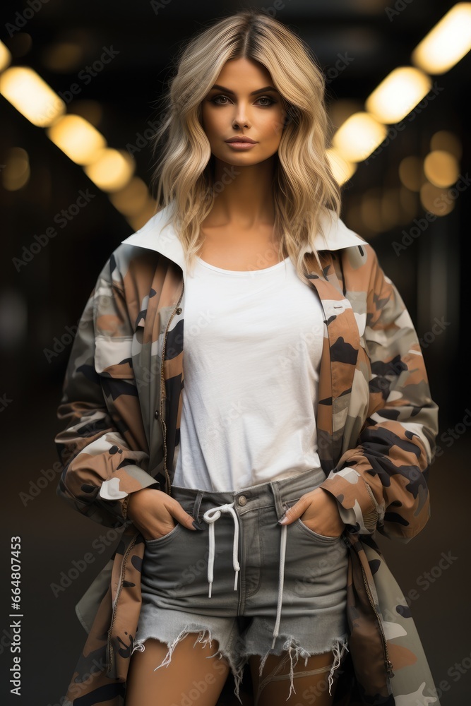 Poster Model in an oversized jacket paired with skinny jeans and heels.