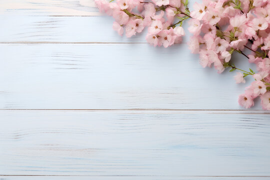 International women day, mothers day concept. Top view of flowers blossoms on bright wooden background with copy space
