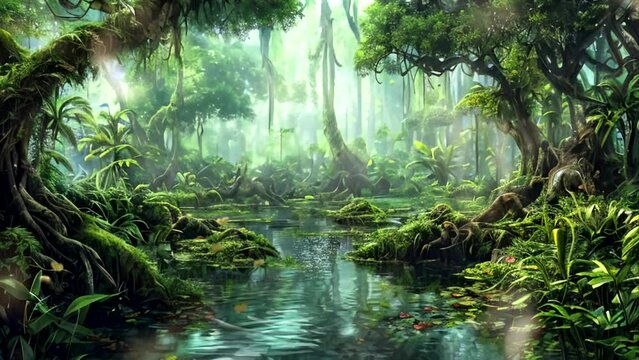 Beautiful natural panorama of tropical forest with a calm river. Watercolor style Fantasy rainforest. Seamless looping virtual video animation background.