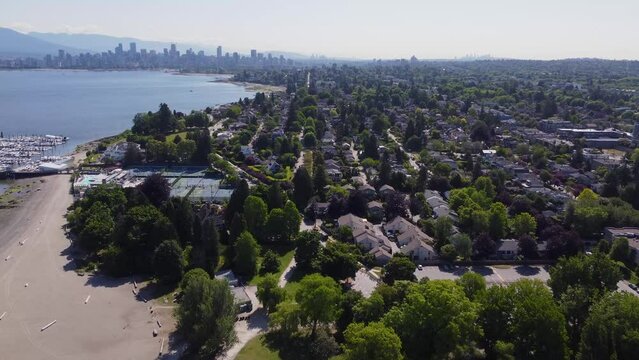 Aerial footage over kitsilano flying towards Downtown Vancouver