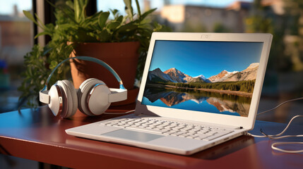 A white headphone and laptop on the table.