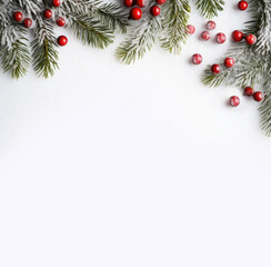 Beautiful Christmas background, composition. Christmas decor, pine cones, fir branches, red berries and ornaments on white background. Flat lay, top view.Christmas composition.Copy space. Mock up.