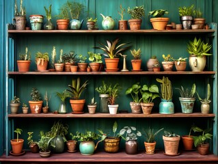 The beautiful display of house plants in various shapes of pot on the wooden shelves with green background.