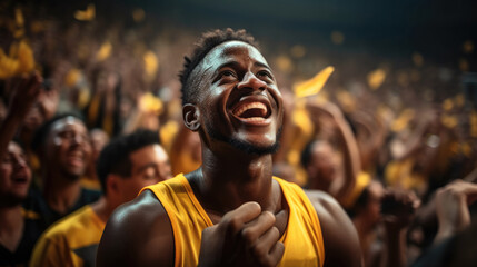 Fototapeta African basketball player in a yellow uniform rejoices in a stadium with spectators. obraz