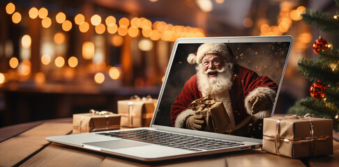 Santa Claus with boxes of gifts in his hands on laptop video call interface screen. Сhristmas, festivity and communication technology.Online congratulations. Congratulations during the coronavirus - obrazy, fototapety, plakaty