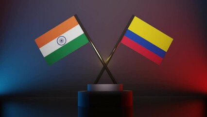 Colombia And India Flags Crossed Together in dark blue and red Background, Colombia vs India flags in 3D angle, Colombia and India flag showing in Crossed - Powered by Adobe