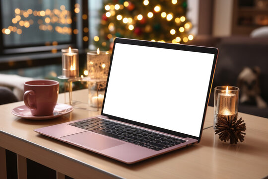 Laptop with white screen on wooden table against Christmas tree with festive bokeh . Mockup, gadget screen. Copy space.Holiday Christmas background mockup