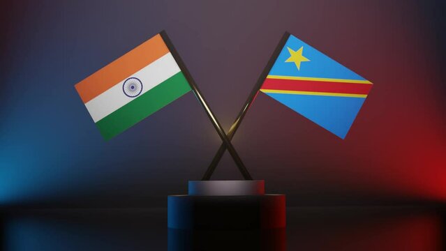 Democratic Republic of the Congo And India Flags Crossed Together in dark blue and red Background, Democratic Republic of the Congo vs India flags in 3D angle