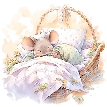 A sleepy baby mouse in a bedding, watercolor illustration.