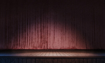 Magic theater stage red curtains Show Spotlight. 3d render, llustration.