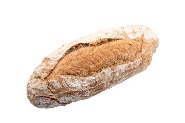 Round bread made of wheat and rye flour, isolated on white background, With clipping path for design menu, top view