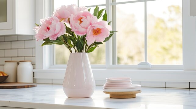 A white vase full of pink flowers is sitting on counter.