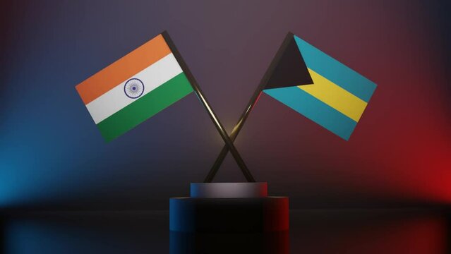 Bahamas And India Flags Crossed Together in dark blue and red Background, Bahamas vs India flags in 3D angle, Bahamas and India flag showing in Crossed