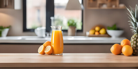 fruits and juice on wooden tabletop counter. in front of bright out of focus kitchen. copy space.
