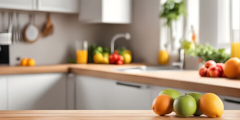 fruits and juice on wooden tabletop counter. in front of bright out of focus kitchen. copy space.