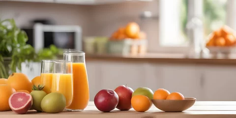 Poster fruits and juice on wooden tabletop counter. in front of bright out of focus kitchen. copy space. © Smile Studio AP