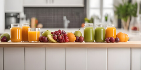 fruits and juice on wooden tabletop counter. in front of bright out of focus kitchen. copy space.