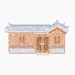 Editable Vector Illustration of Wide Traditional Hanok Korean House Building in Brush Strokes Style for Artwork Element of Oriental History and Culture Related Design