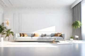 3D rendering of a white living room interior with a focus on a sleek gray sofa as the central element.