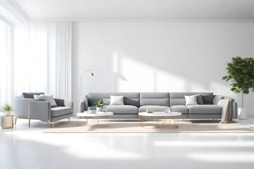 3D rendering of a white living room interior with a focus on a sleek gray sofa as the central element.