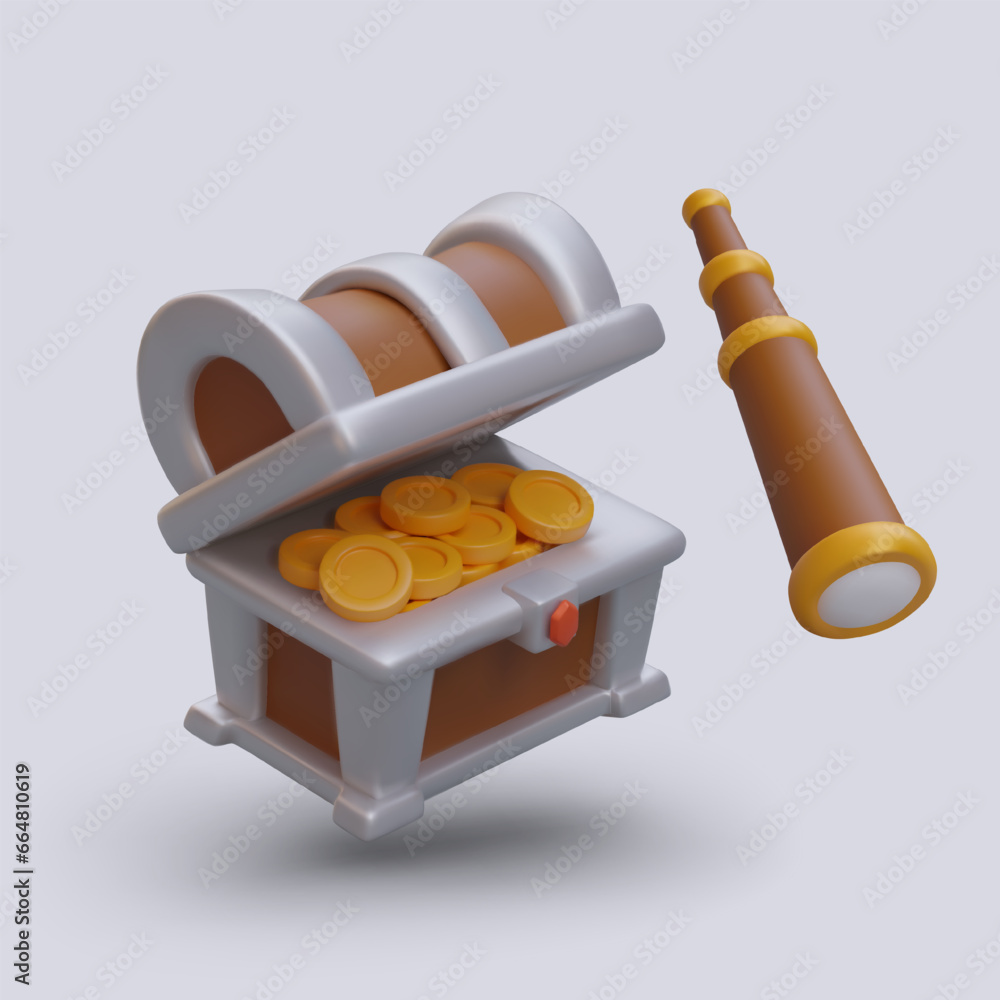 Poster treasure chest with gold coins and spyglass. collection for computer game. search for ancient treasu