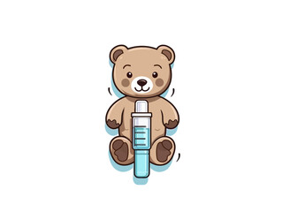 Doodle Syringe with teddy bear, cartoon sticker, sketch, vector, Illustration, minimalistic