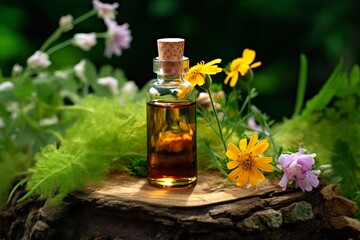 Glass Bottle of herbal essential extract, butterfly, and wildflowers on a tree stump.