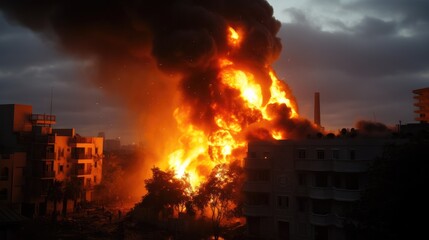 Burning building affected by war.