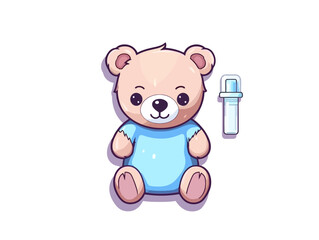 Doodle Teddy bear with syringe, cartoon sticker, sketch, vector, Illustration, minimalistic