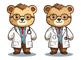 Doodle Teddy bear in doctor coat, cartoon sticker, sketch, vector, Illustration, minimalistic