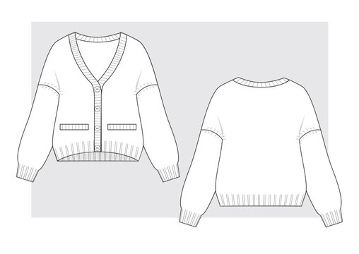 Wide oversize cardigan with a v-neck. Technical scketch.