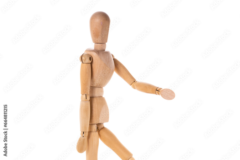 Poster a wooden mannequin walking against a white background. this versatile image can be used for various 