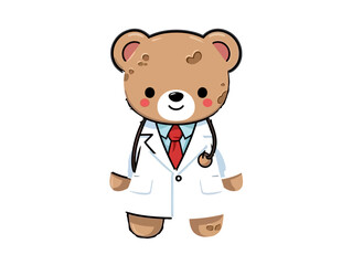 Doodle Teddy bear in doctor coat, cartoon sticker, sketch, vector, Illustration, minimalistic