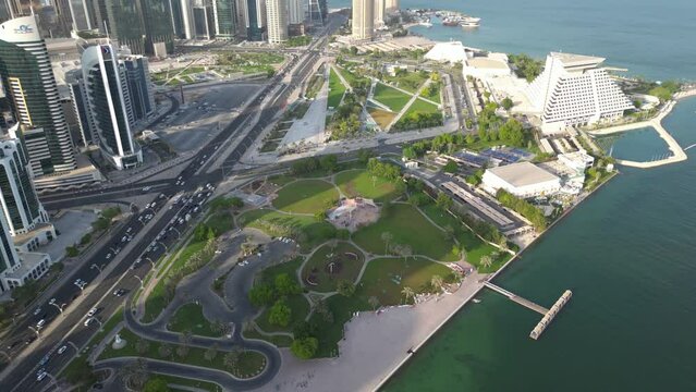 Aerial view of Al Dafna Park in West Bay, Doha, Qatar