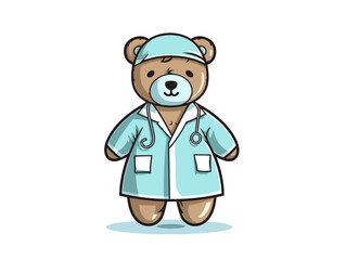 Doodle Teddy bear with hospital gown, cartoon sticker, sketch, vector, Illustration, minimalistic