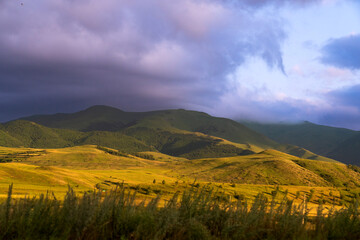 Green field in countryside at sunset in the evening light. beautiful spring landscape in the mountains. grassy field and hills. rural scenery