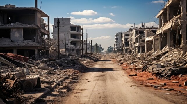 Destroyed buildings in town, Affected by war.