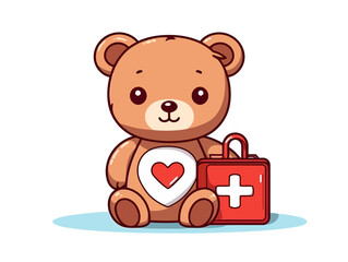 Doodle Teddy bear with first aid kit, cartoon sticker, sketch, vector, Illustration, minimalistic