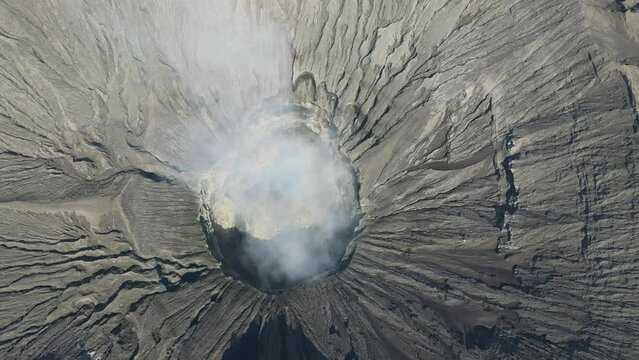 Top-down aerial view of Mount Bromo volcano crater in Java, Indonesia