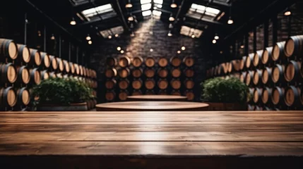 Fotobehang Empty wooden table against the backdrop wine barrels in wine vaults. © visoot