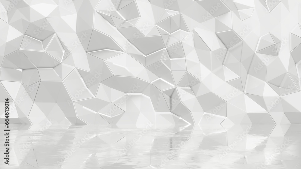 Poster 3d rendering of abstract white polygon and reflection on glossy floor background. for luxury product