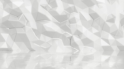 3D Rendering of abstract white polygon and reflection on glossy floor background. For luxury product display