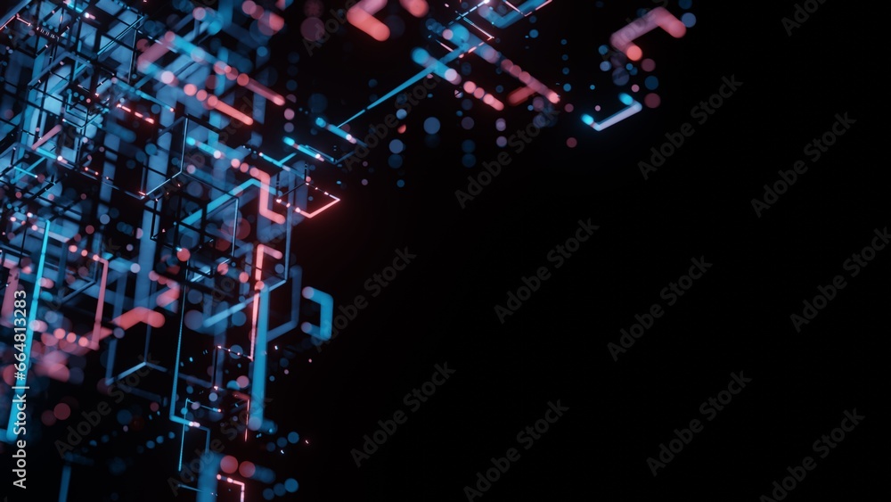 Poster 3D Rendering of abstract rectangle shape wireframe with reflection from red and blue light. For business technology, blockchain, data structure, artificial intelligence background