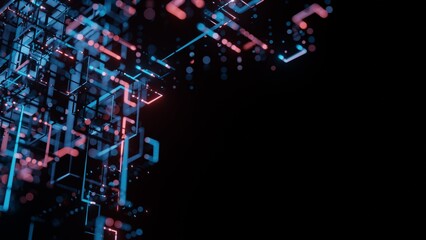 3D Rendering of abstract rectangle shape wireframe with reflection from red and blue light. For business technology, blockchain, data structure, artificial intelligence background