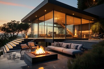 a fire pit and a house with a couch and chairs