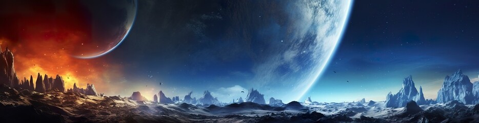 Panorama of distant planet system in space 3D rendering elements.