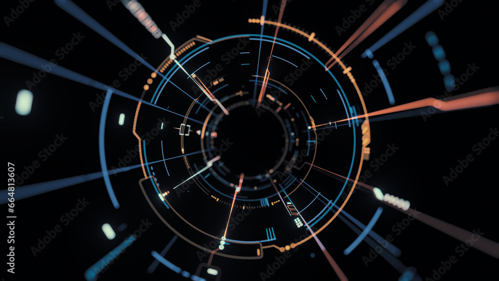 Poster 3d rendering of futuristic digital circle hud interface. glowing yellow and blue color. for technolo